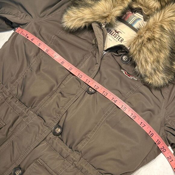 Hollister Womens Down Coat Sz Small Removable Faux Fur Collar Button & Zip Front - Picture 10 of 11